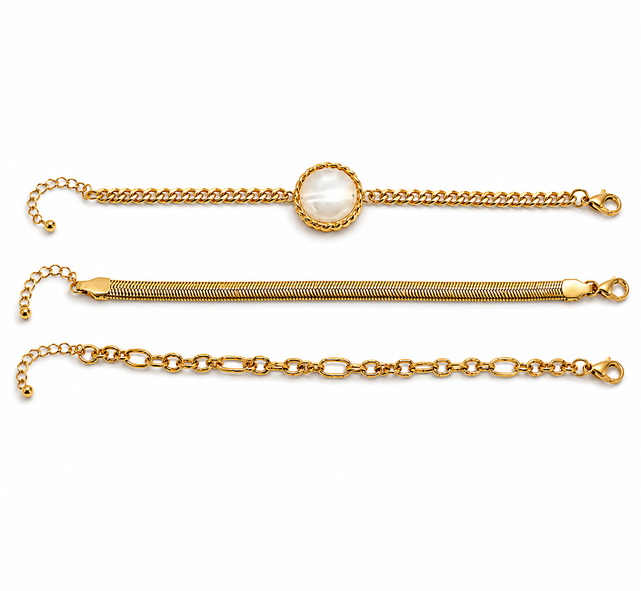 Kit 3 Pulseiras Douradas Femininas Pérola Delicada Acessório Moda Elegante