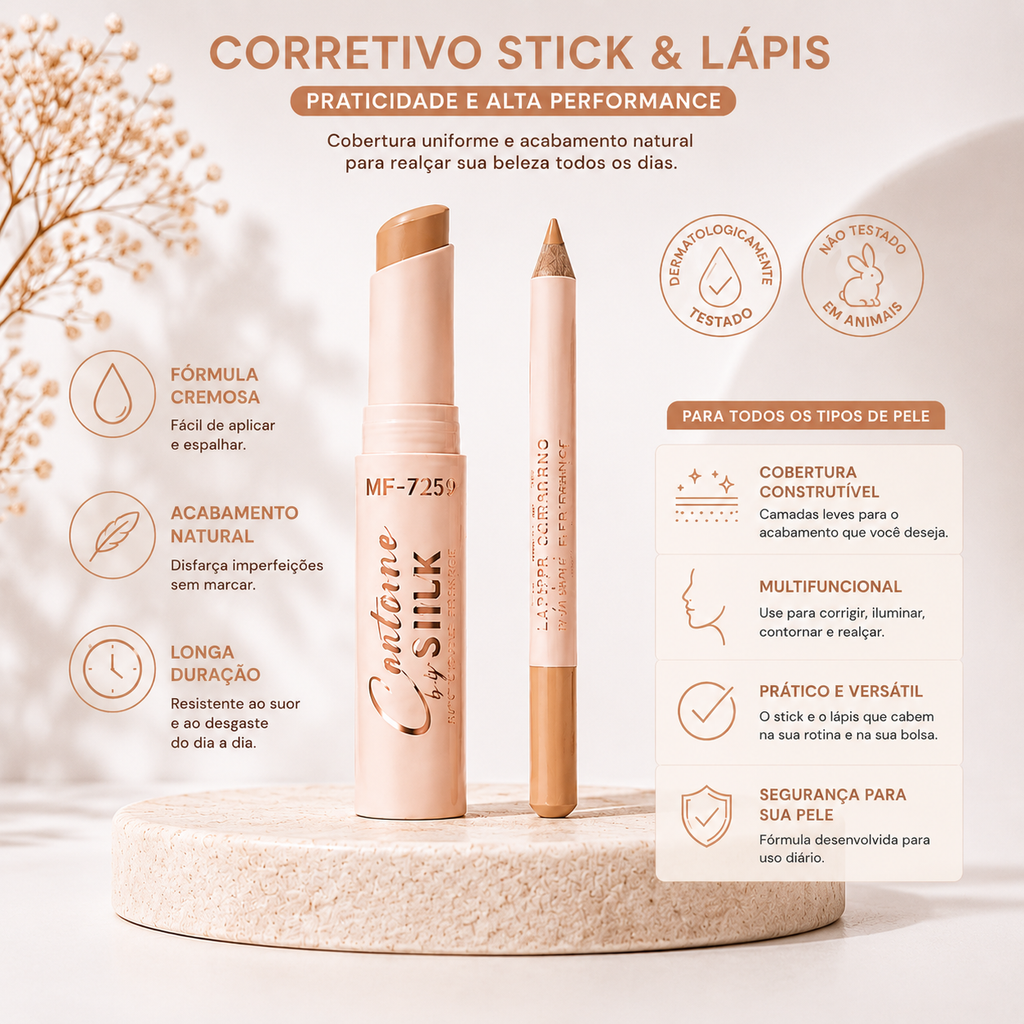 Kit Contorno Facial Silk 2 Em 1 Stick + Caneta Precisão À Prova D'água