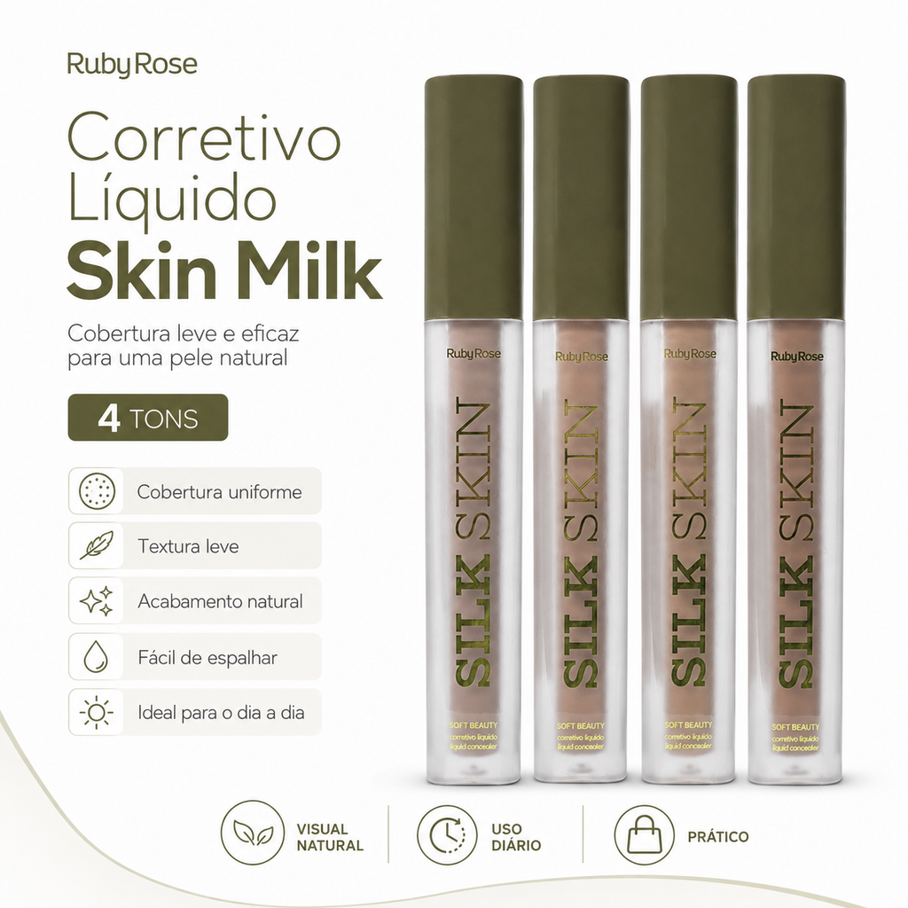 Corretivo Líquido Silk Skin Soft Beauty Ruby Rose Cobertura Natural Maquiagem Facial