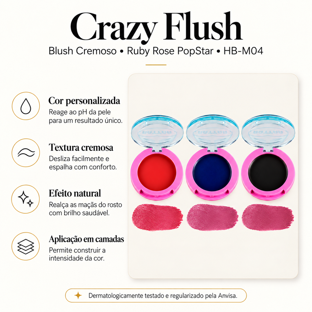 Blush Cremoso Crazy Flush Ruby Rose PopStar Reage ao pH Efeito Natural