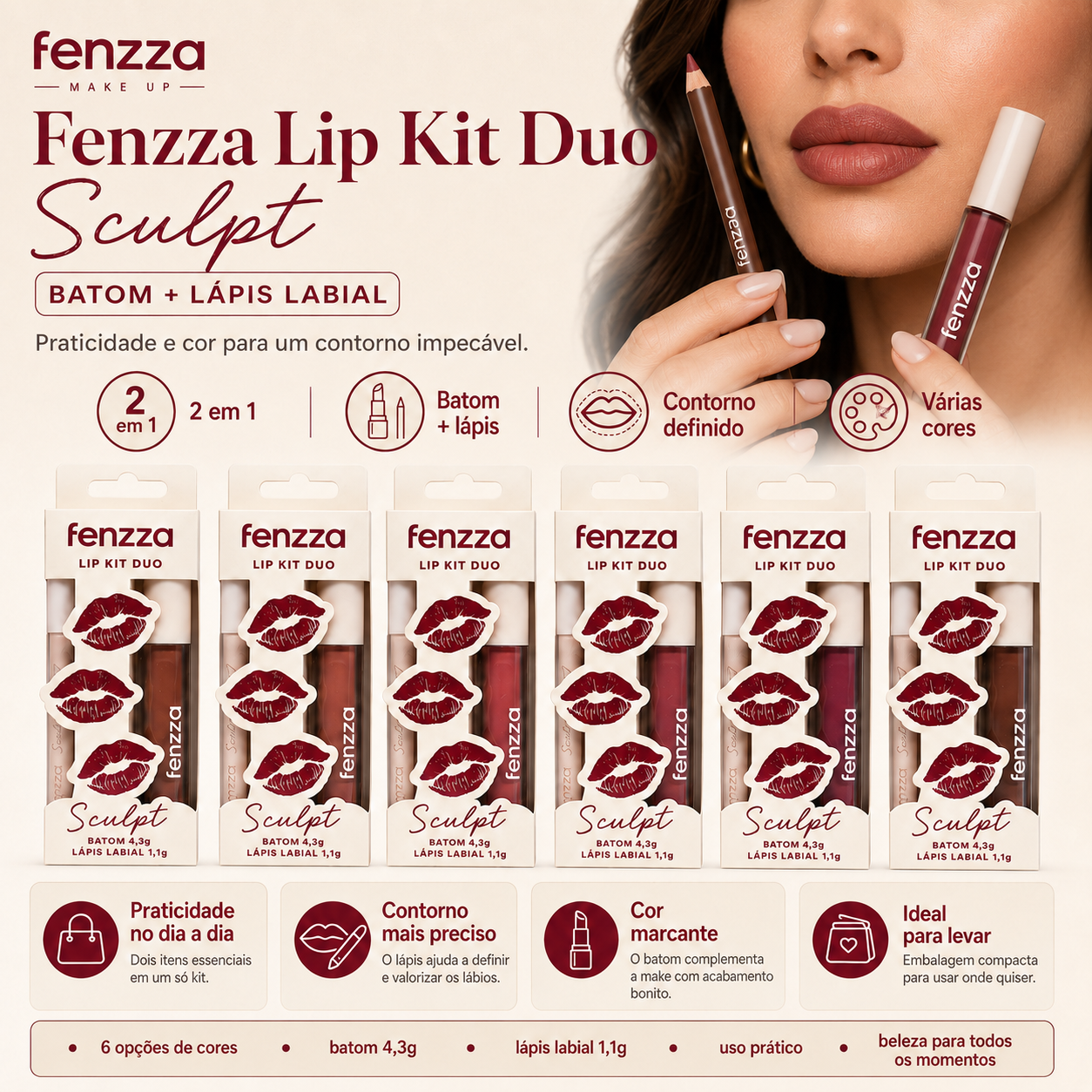 Kit Labial Fenzza Sculpt Duo Batom Líquido + Lápis Contorno Alta Pigmentação