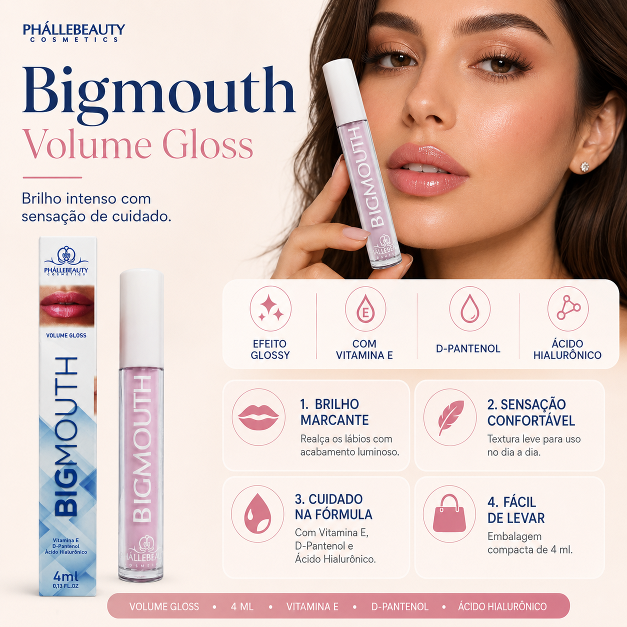 Gloss BigMouth PhálleBeauty 4ml Efeito Volume Labial Ácido Hialurônico Brilho Intenso