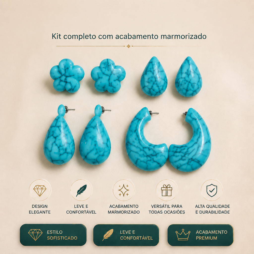 Kit Brinco Acrílico Turquesa Flor Gota e Argola