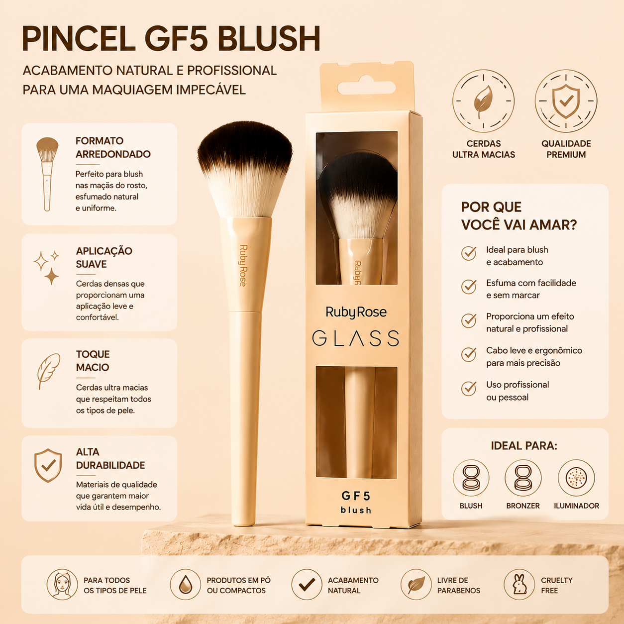 Pincel Maquiagem Para Blush Ruby Rose Glass GF5 Precisão Esfumado