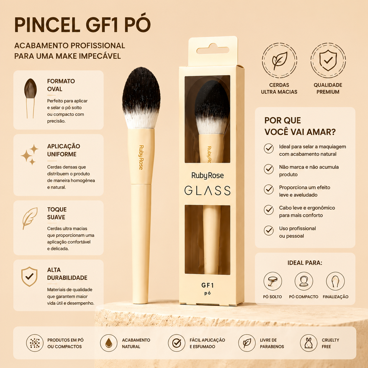 Pincel Maquiagem Para Pó Ruby Rose Glass GF1 Cerdas Macias