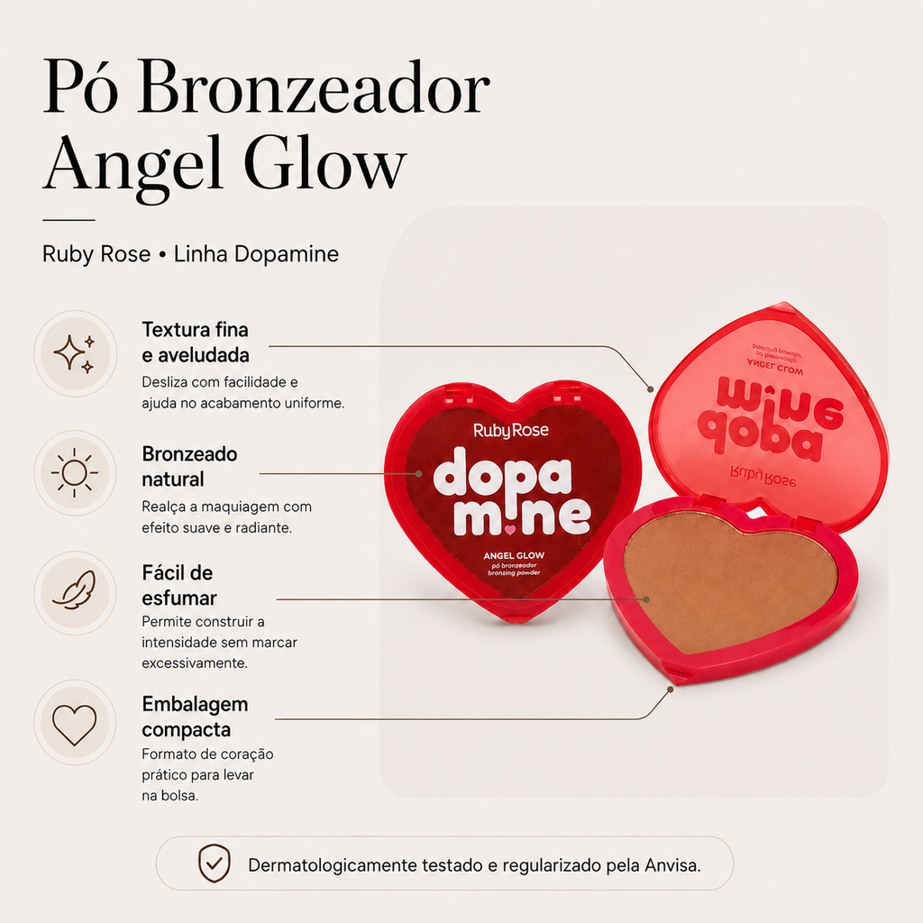 Pó Bronzeador Angel Glow Ruby Rose Dopamine Efeito Bronzeado Natural Textura Aveludada