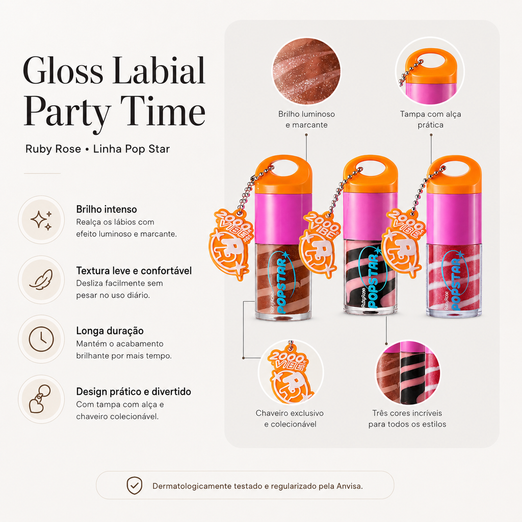 Gloss Labial Party Time Pop Star Ruby Rose Brilho Intenso Longa Duração Com Chaveiro