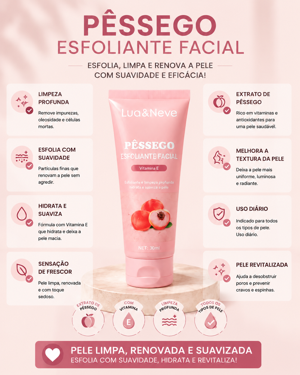 Esfoliante Facial Lua&Neve Pêssego Vitamina E Limpeza Profunda