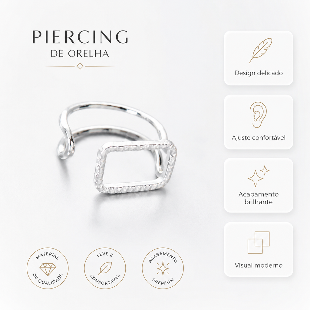 Piercing de Orelha Prateado Duplo com Retângulo Cravejado