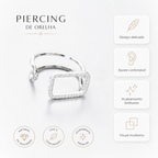 Piercing de Orelha Prateado Duplo com Retângulo Cravejado