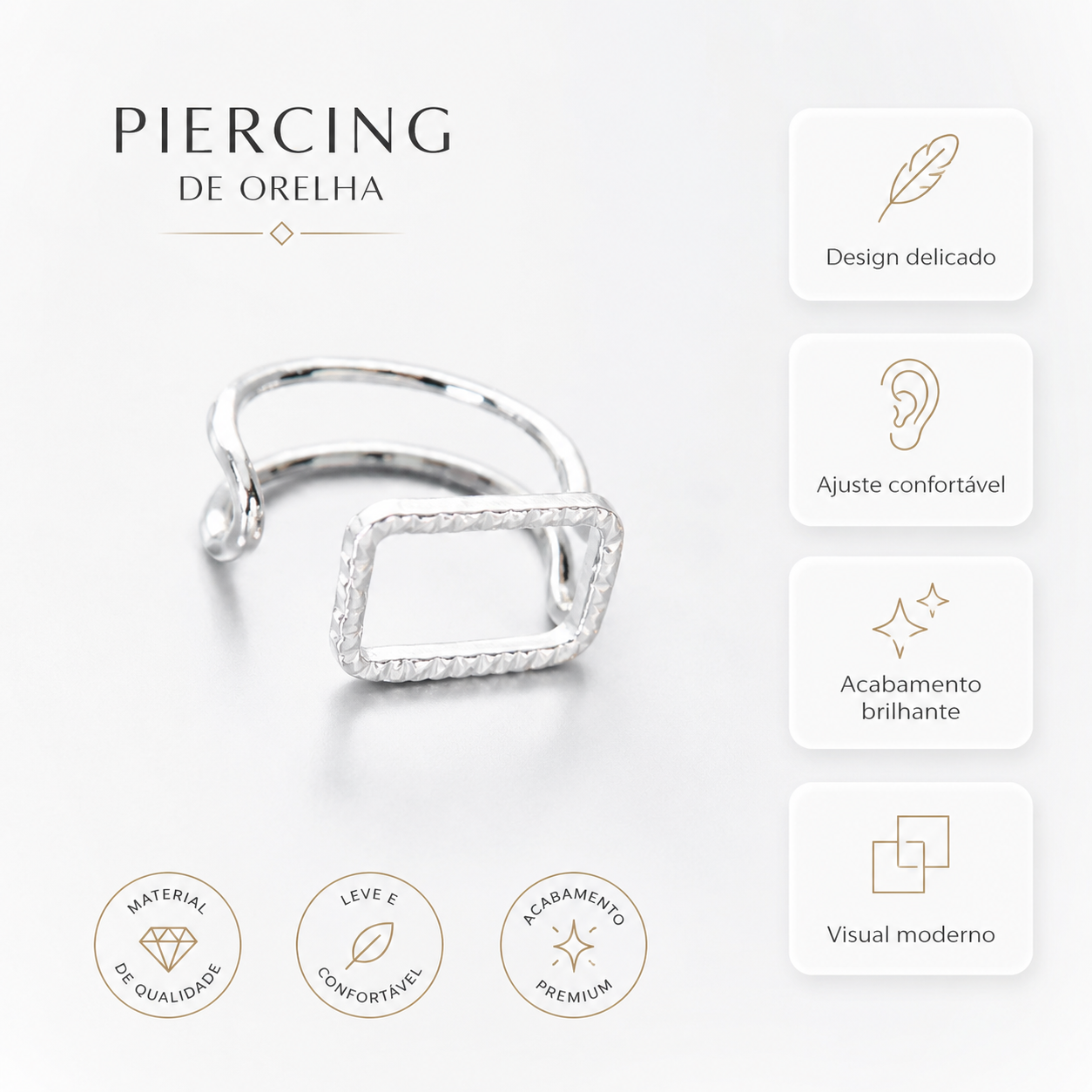 Piercing de Orelha Prateado Duplo com Retângulo Cravejado