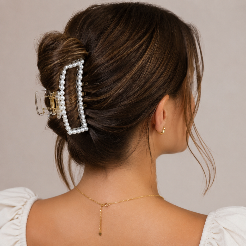 Piranha de Cabelo Plástica Transparente Retangular com Pérolas