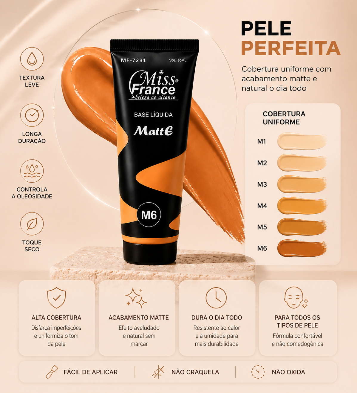 Base Líquida Matte Miss France Alta Cobertura Natural Pele Uniforme 30ml