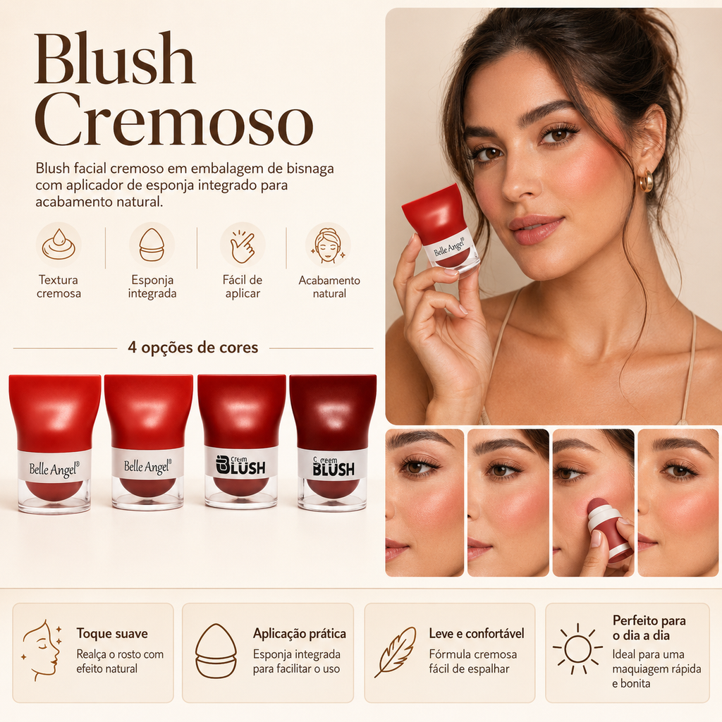 Blush Cremoso Com Esponja Aplicadora Efeito Natural Glow