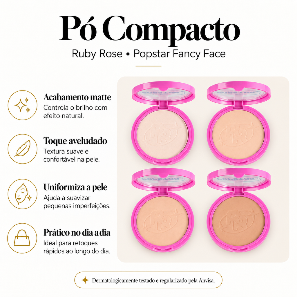 Pó Compacto Ruby Rose Popstar Fancy Face Matte Cobertura Média Toque Aveludado