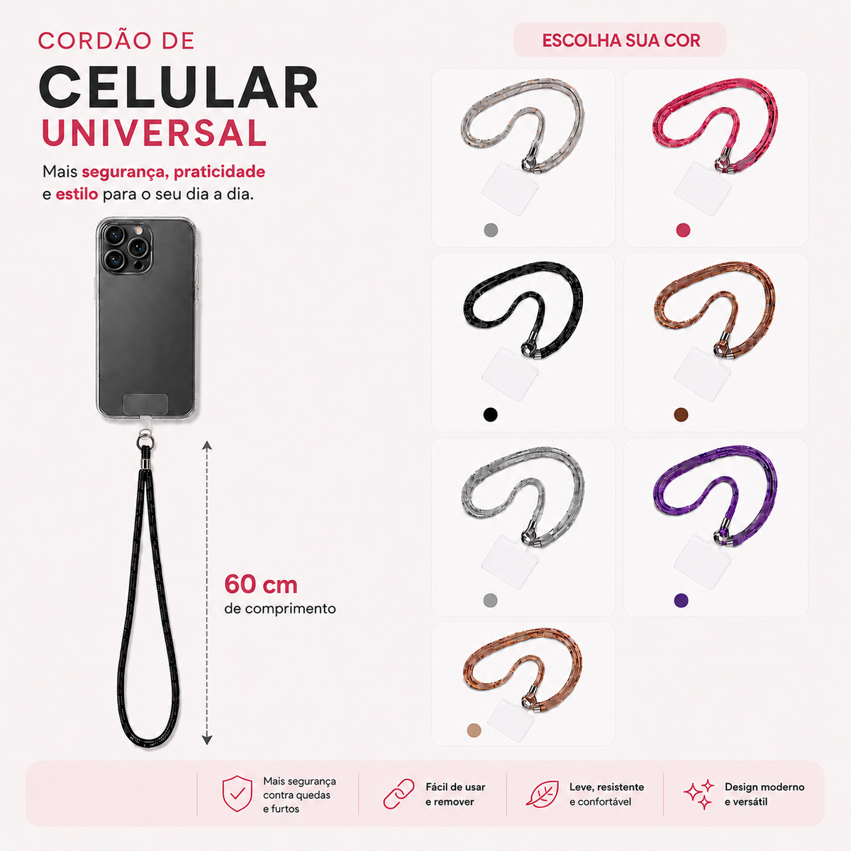 Cordão Para Celular Universal Crossbody 60cm Anti-Queda Antifurto