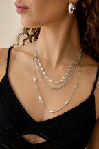 Colar Feminino Camadas Correntes + Pérolas Dourado Prata