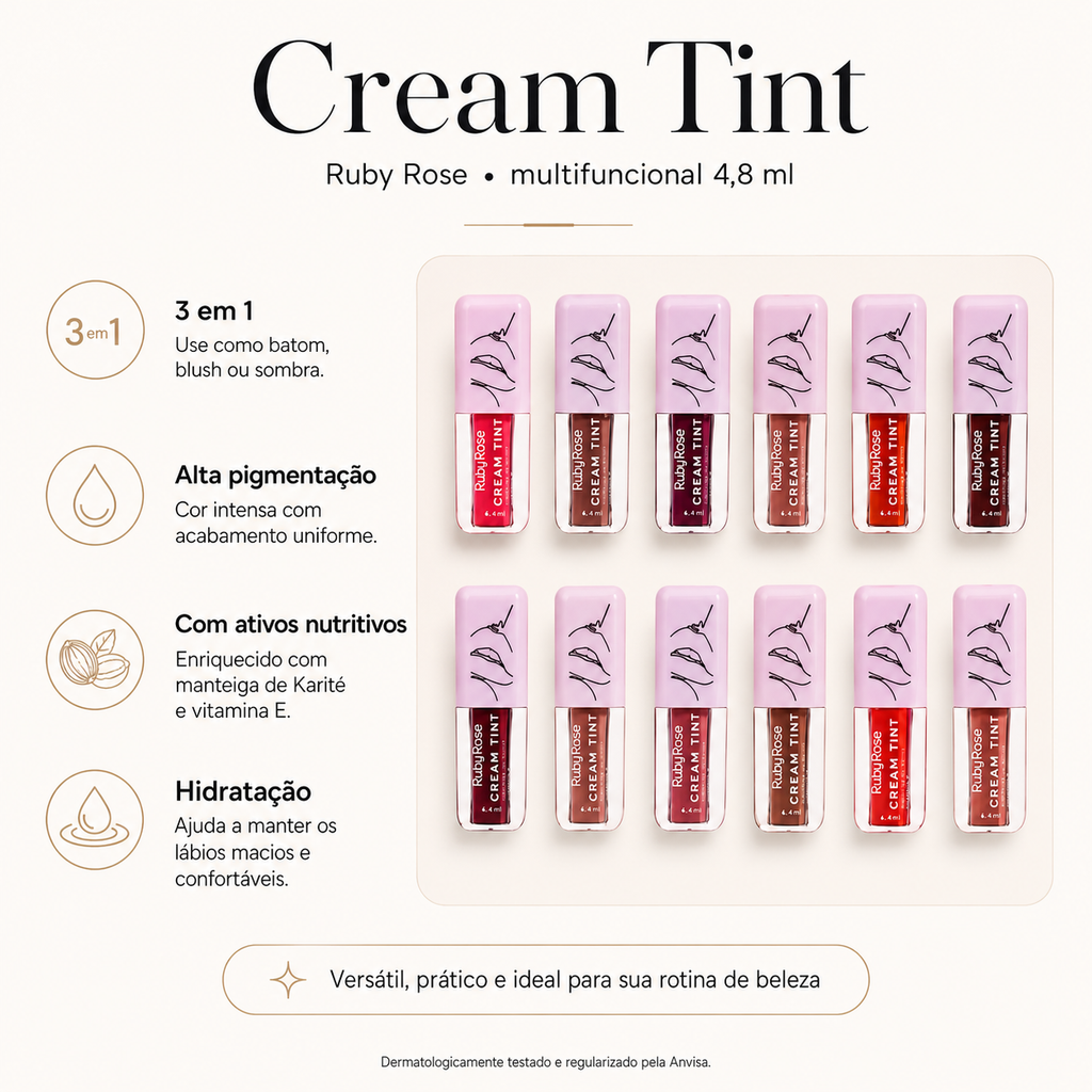 Cream Tint Ruby Rose 4,8ml 3 em 1 Batom Blush Sombra Alta Pigmentação