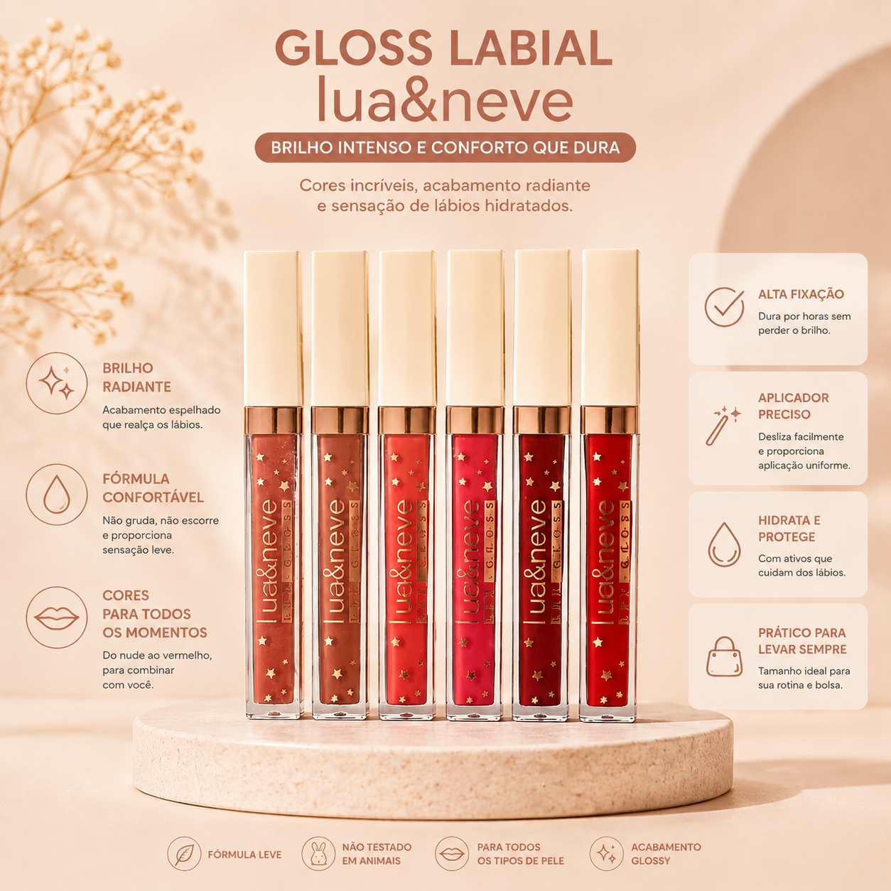 Lip Gloss Lua&Neve Brilho Labial Cores Variadas Brilho Intenso Hidratante