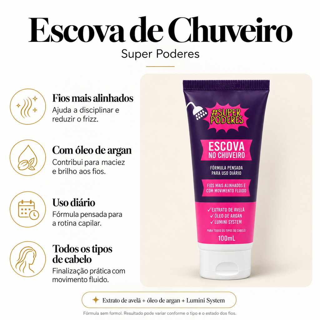 Escova de Chuveiro Super Poderes Controle de Frizz Alinhamento Capilar 100ml