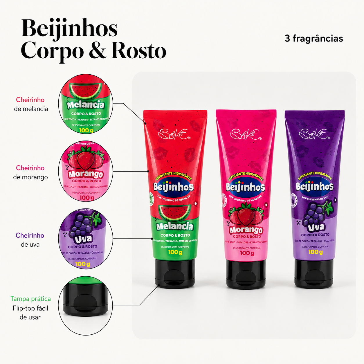 Esfoliante Hidratante Beijinhos Belkit Corpo Rosto Morango Uva Melancia 100g