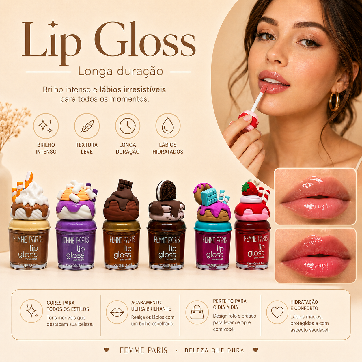 Gloss Labial Femme Paris 3,5ml Lip Gloss Brilho Intenso Hidratante Longa Duração Maquiagem Feminina