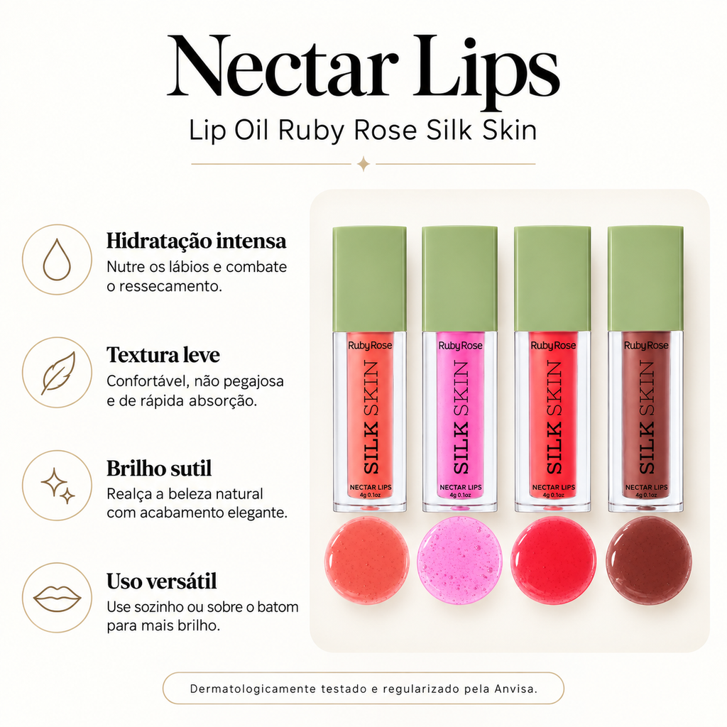 Lip Oil Nectar Lips Ruby Rose Silk Skin Hidratante Brilho Labial