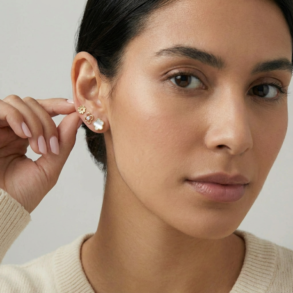 Kit 3 Brincos com flores e strass em aço inoxidável 316L