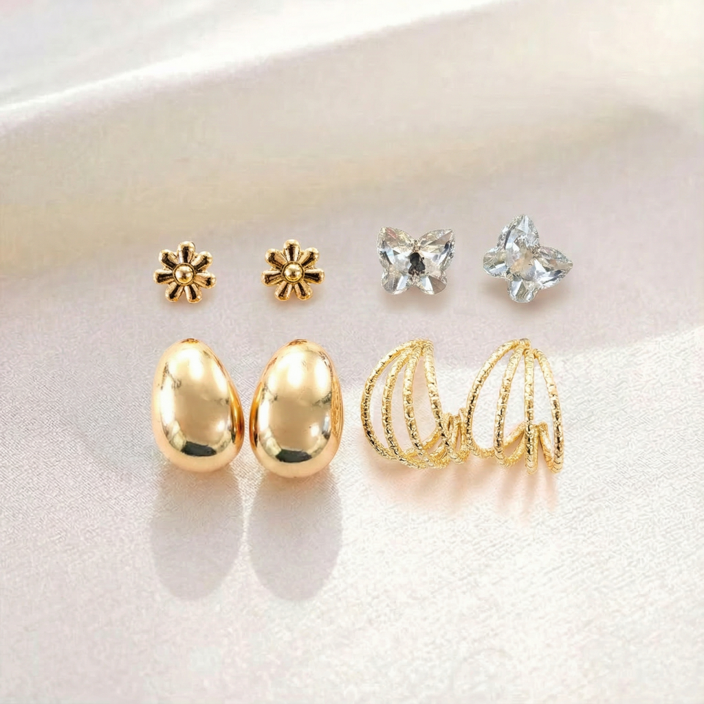 Kit 4 Brincos Dourado e Cristal Mix de Formatos