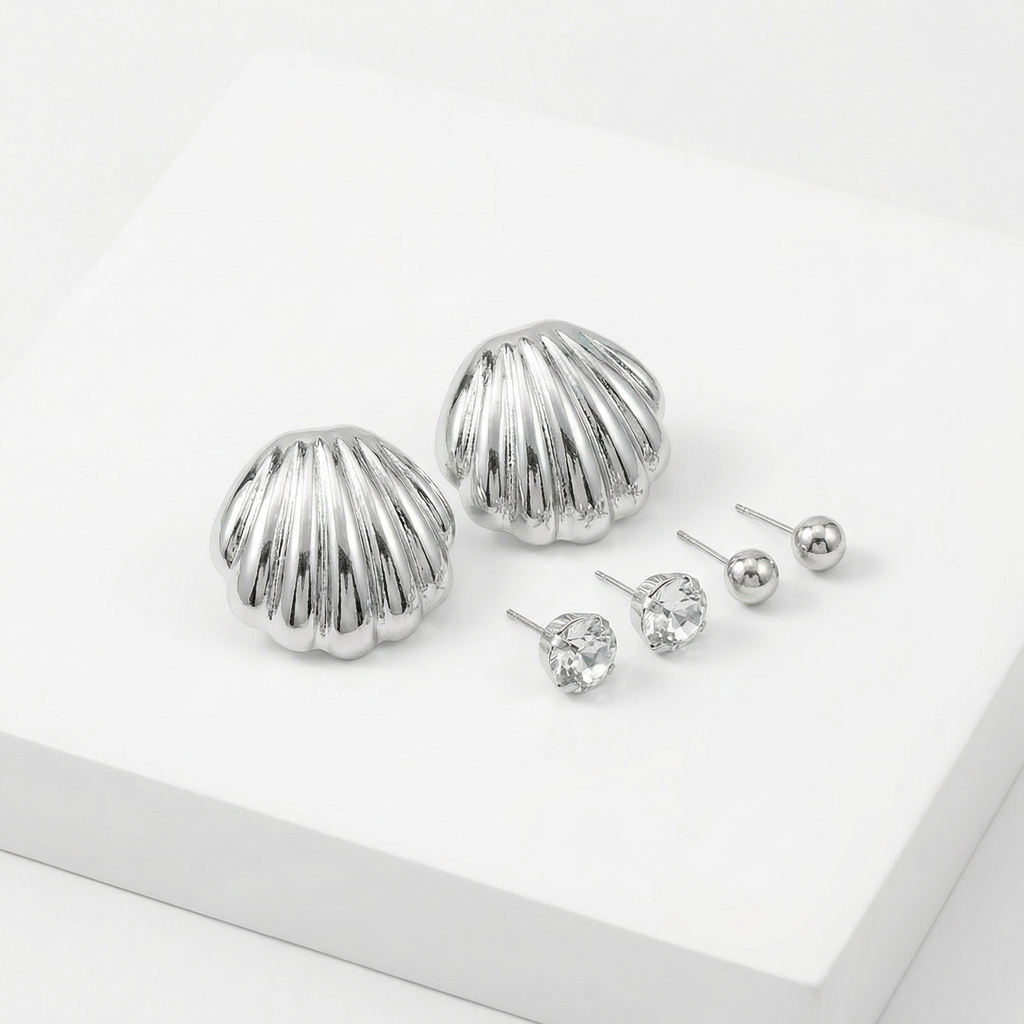 Kit 3 Brincos Prata com trio de brincos bolinha, strass e concha