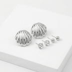 Kit 3 Brincos Prata com trio de brincos bolinha, strass e concha
