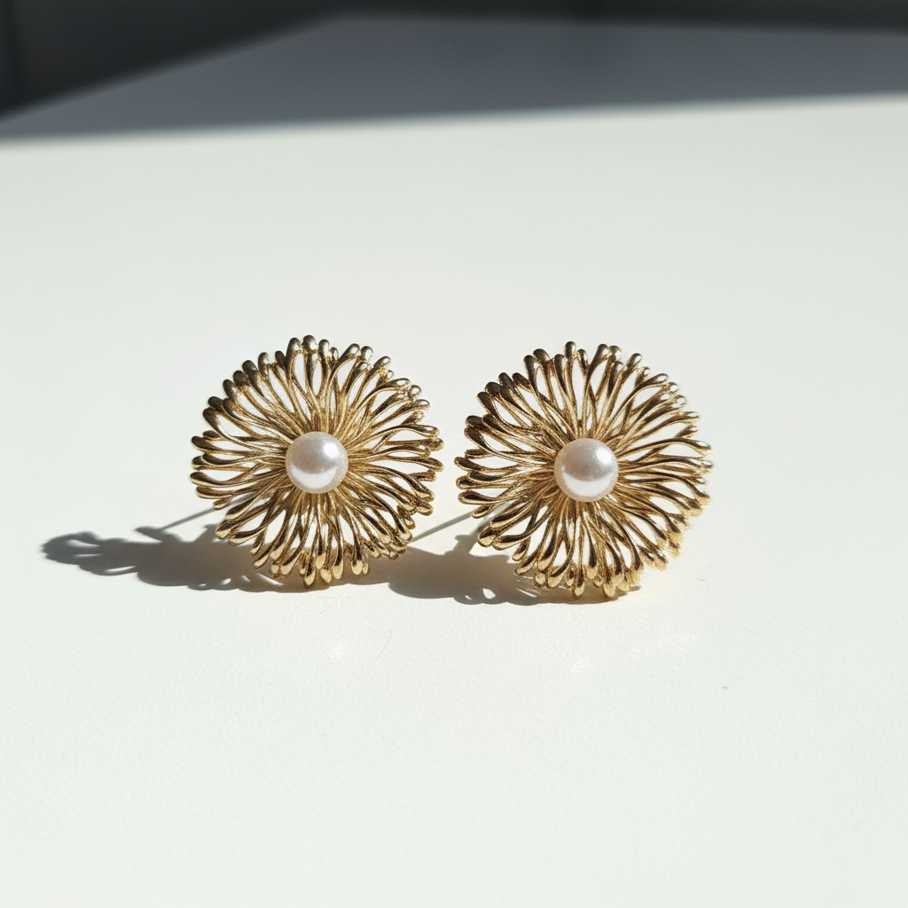 Brinco Dourado Formato de flor com pérola