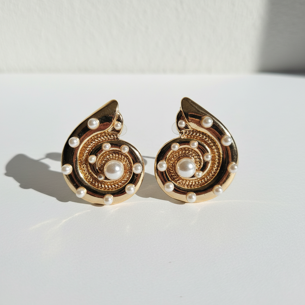 Brinco Dourado Formato de caracol com pérolas