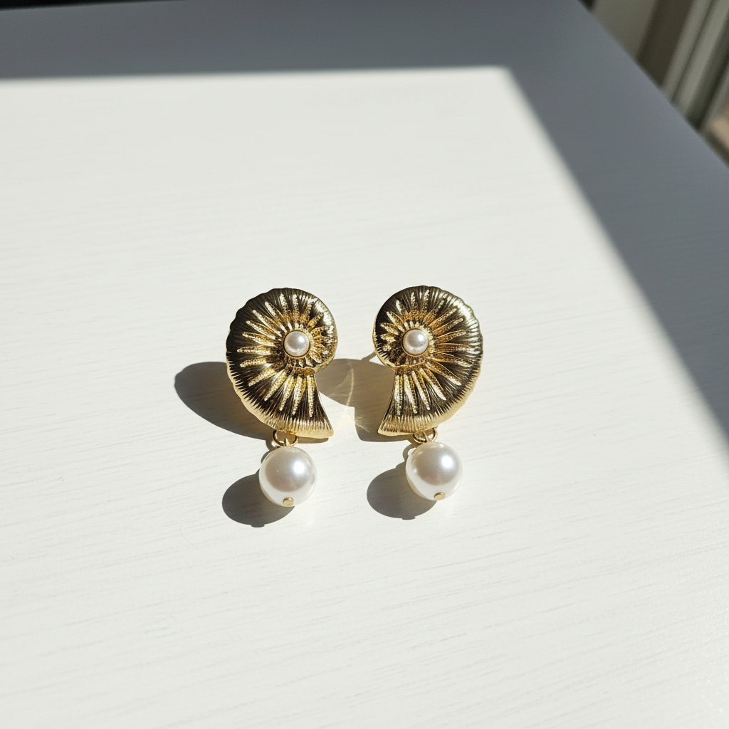 Brinco Dourado em formato de concha com pérolas