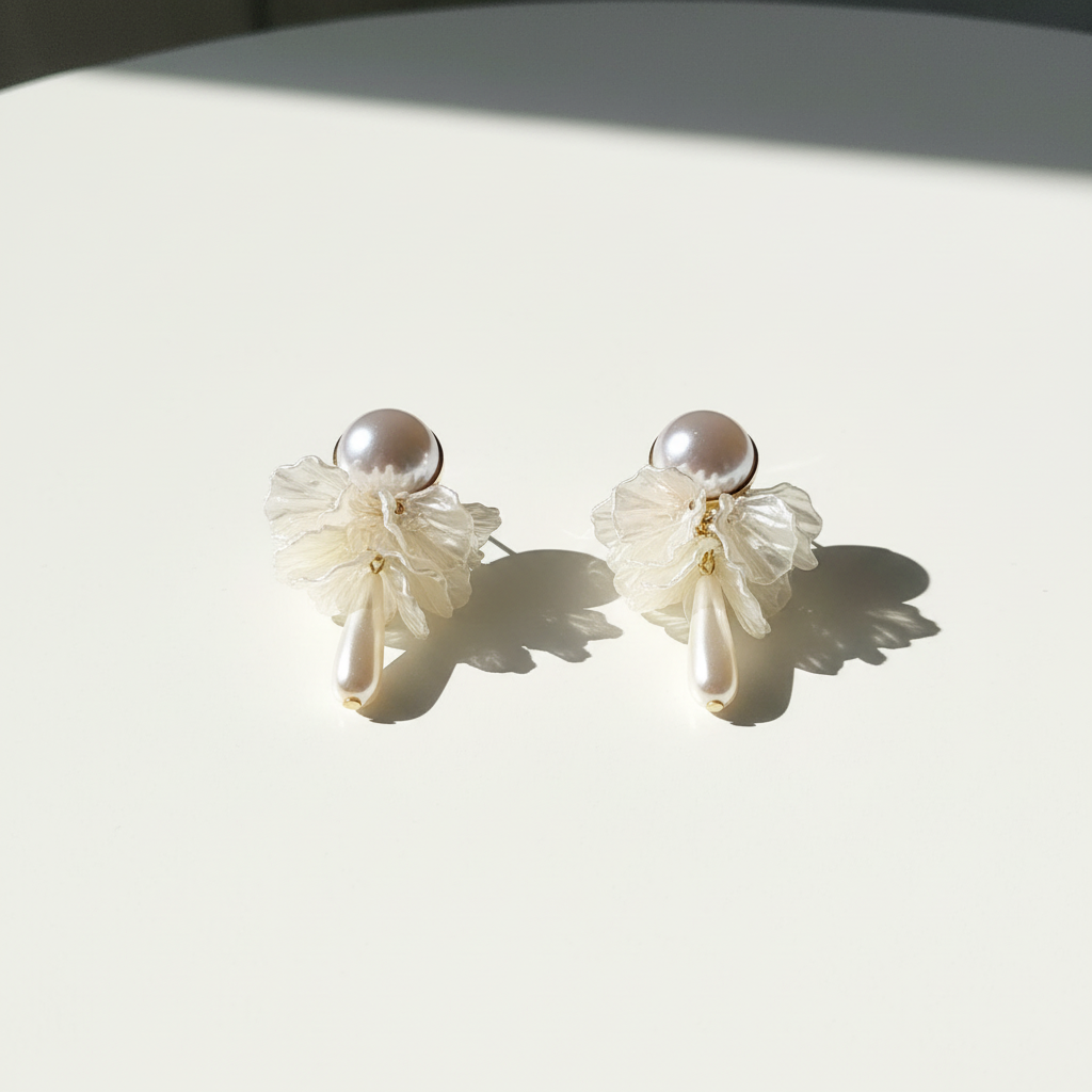 Brinco Branco com pérolas e flores