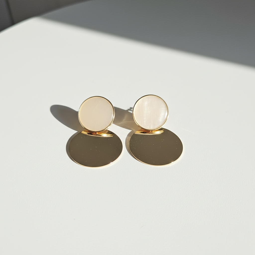 Brinco Dourado e Off-white base circular com resina e pingente metal liso