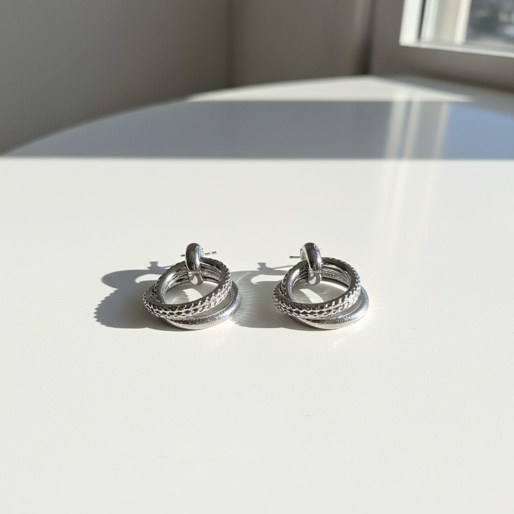 Brinco Prata Argola tripla entrelaçada com texturas