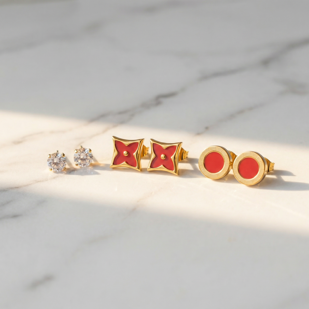 Kit Brincos Dourado e Vermelho em aço inoxidável com formatos variados