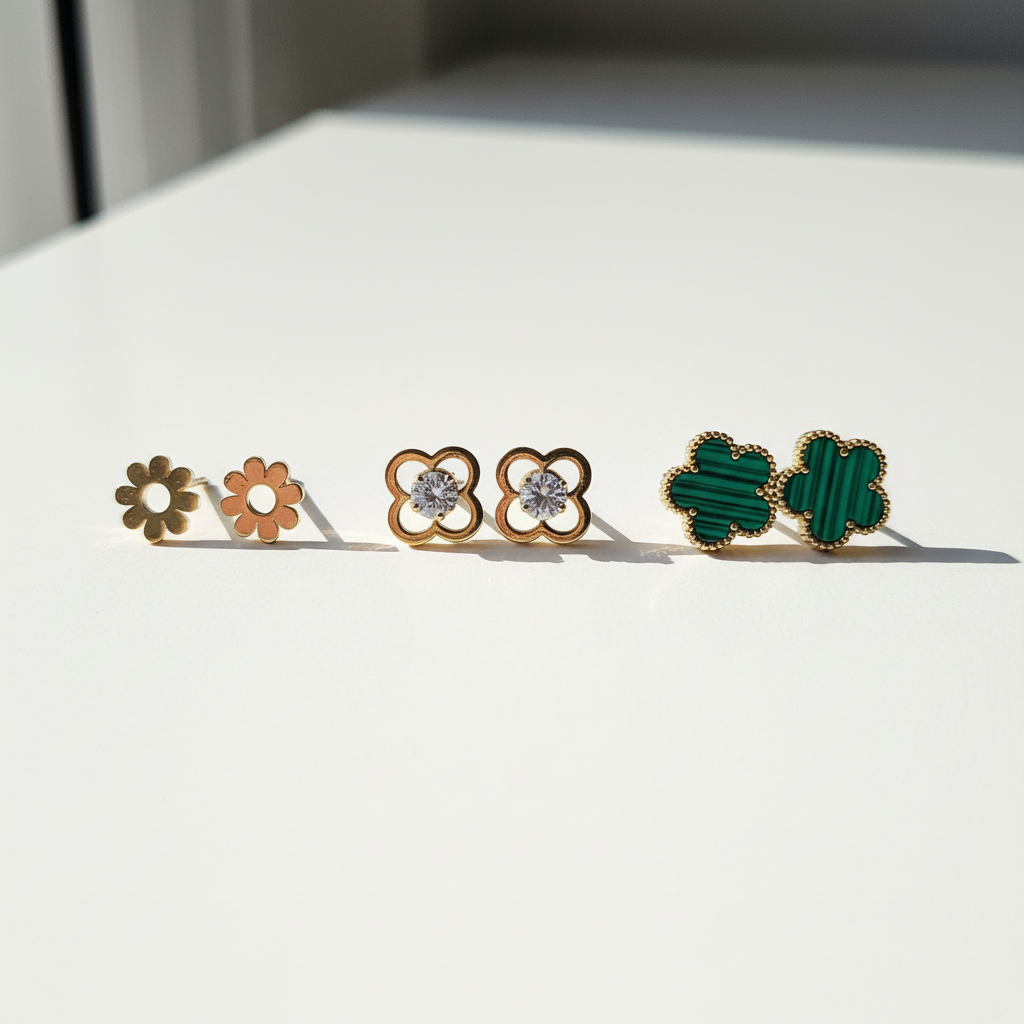 Kit 3 Brincos Dourado e Verde em Aço inoxidável 316L flores e trevos