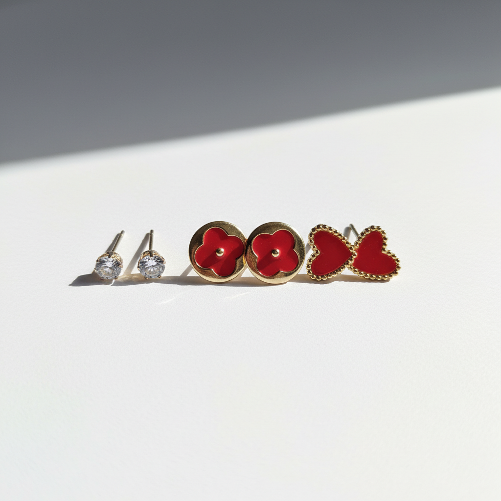Kit 3 Brinco Dourado e Vermelho em aço inoxidável 316L com formatos de flor e coração