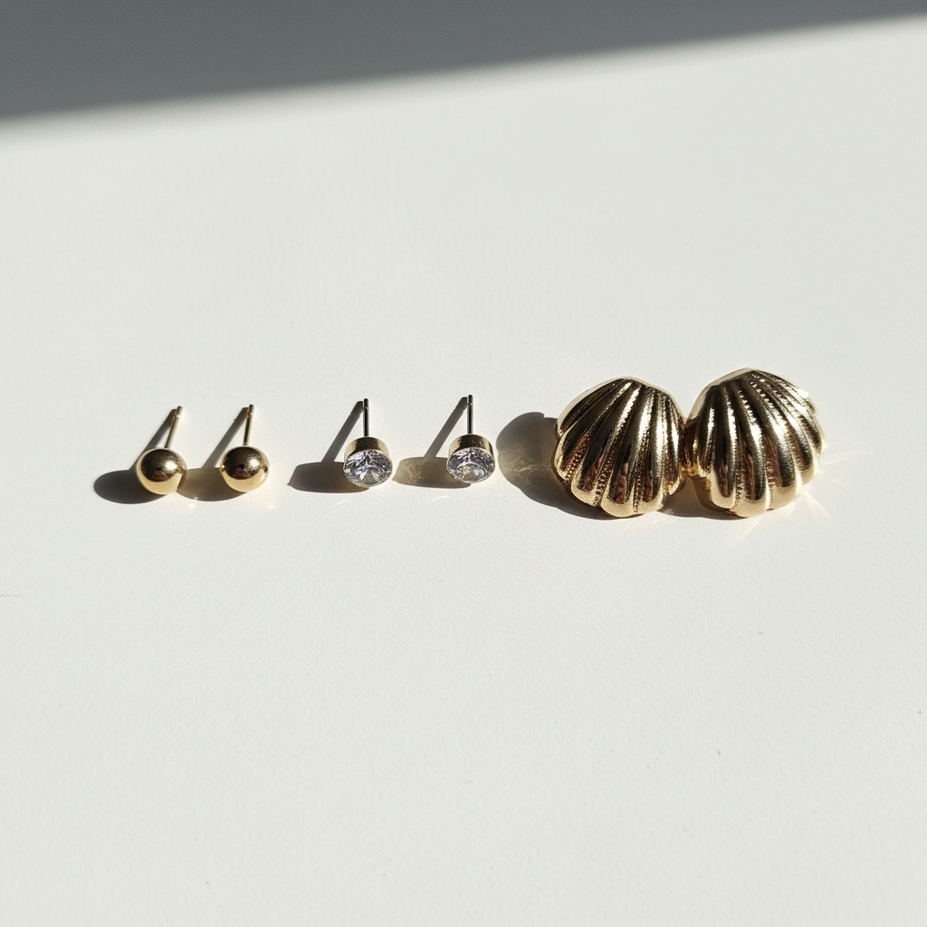 Kit 3 Brincos Dourado e Prata de bolinha, com strass e formato de concha