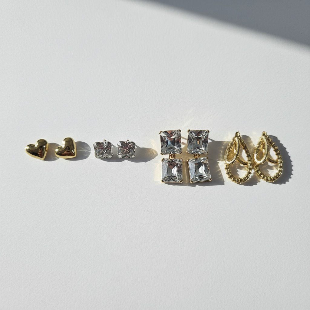 Kit 4 Brincos Dourado e Cristal com Corações, Cristais e Argolas