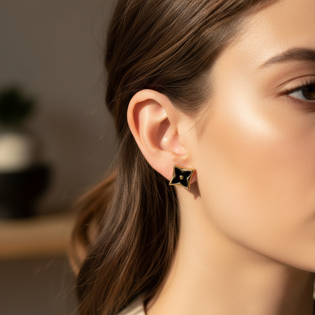 Kit 3 Brincos Dourado e Resina Preta em aço inoxidável 316L com formatos diversos