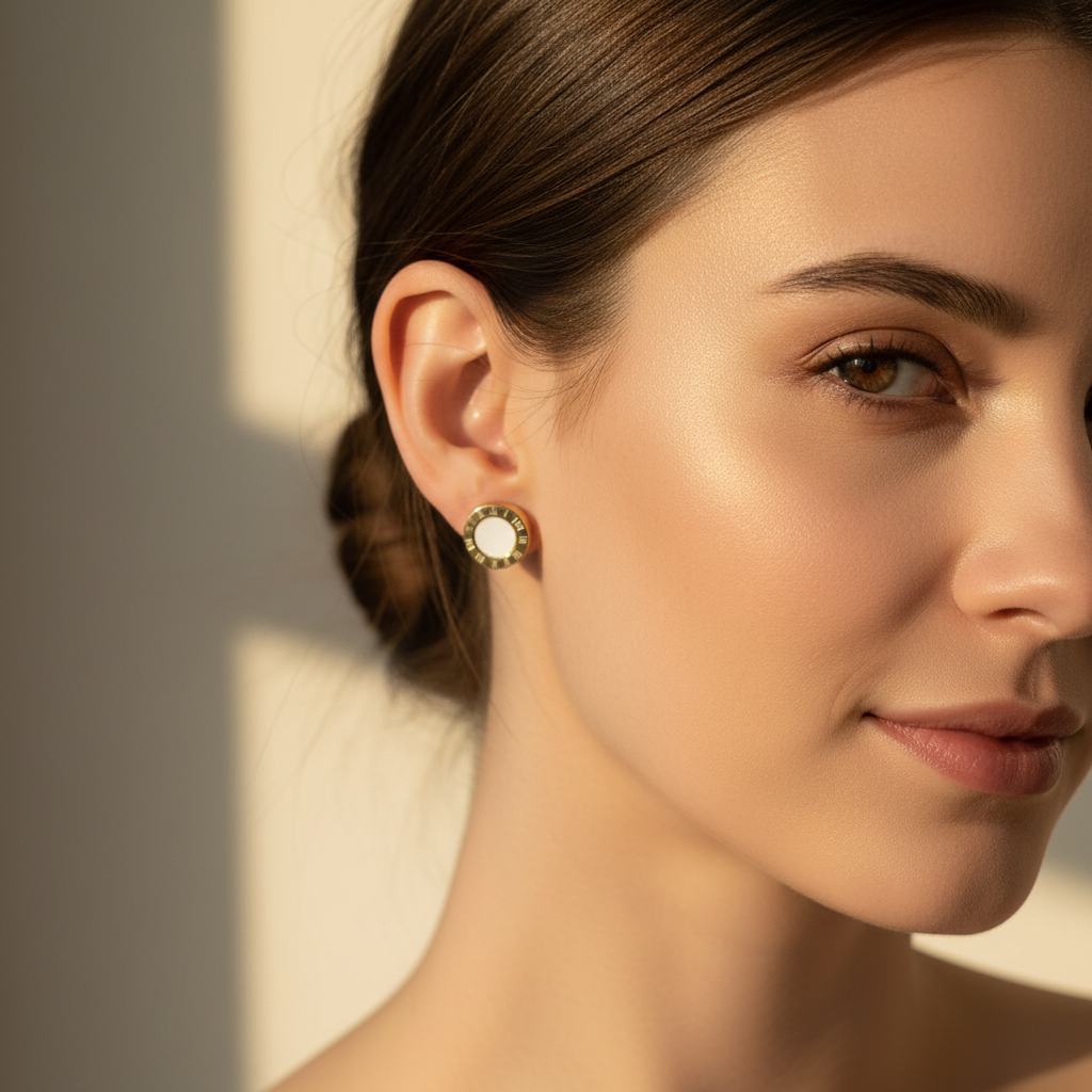 Kit Brincos Dourado e resina Branca em aço 316L com strass e detalhes em branco