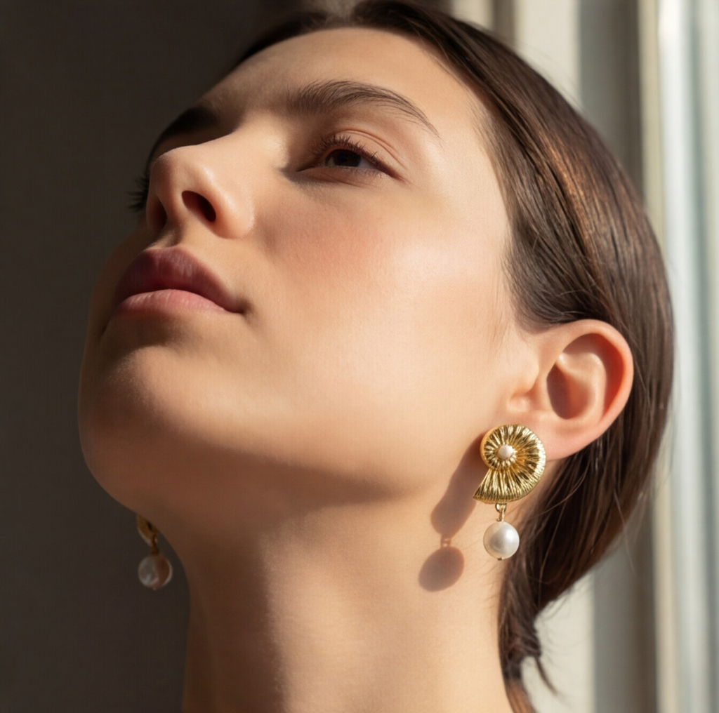 Brinco Dourado em formato de concha com pérolas