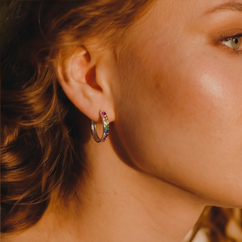 KIT 3 Brincos Prata argolas com pedras coloridas