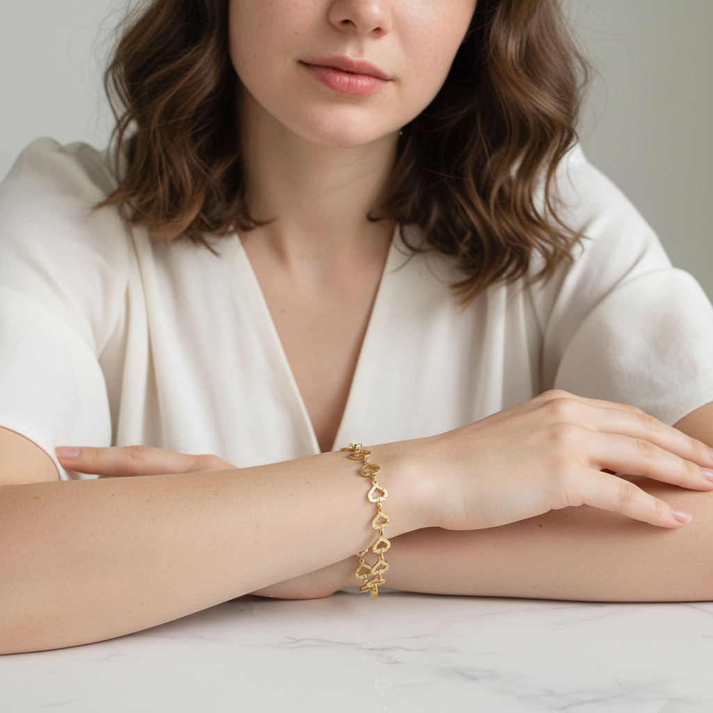 Pulseira Dourado com elos de corações trabalhados