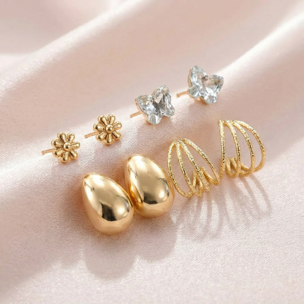 Kit 4 Brincos Dourado e Cristal Mix de Formatos