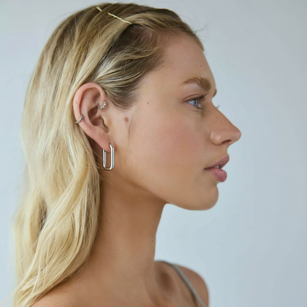 Kit 3 Brincos Prateado em aço inoxidável 316L formato retangular