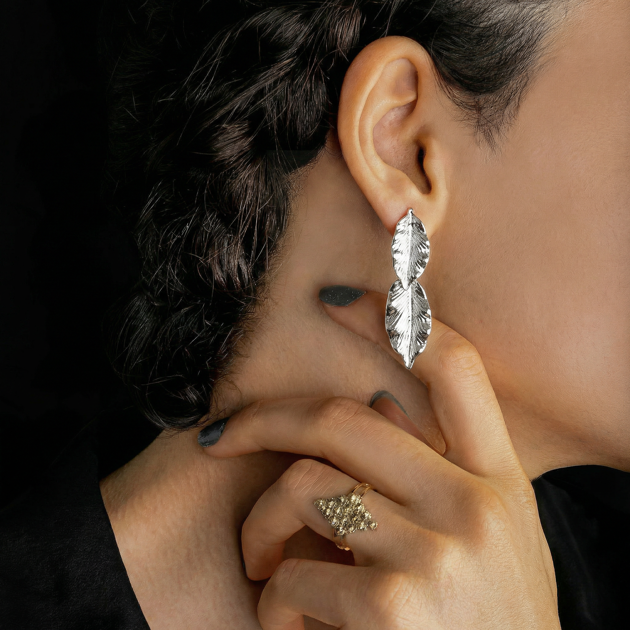 Brinco Prata Folha Dupla